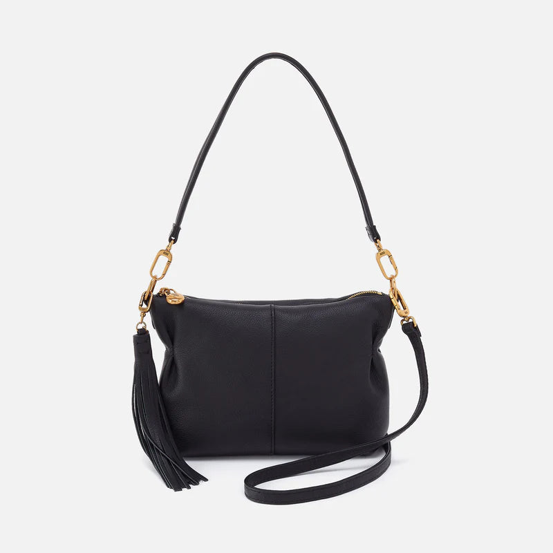 Hobo Kori Crossbody Shoulder Bag in black leather with adjustable strap and sleek design, perfect for everyday use.