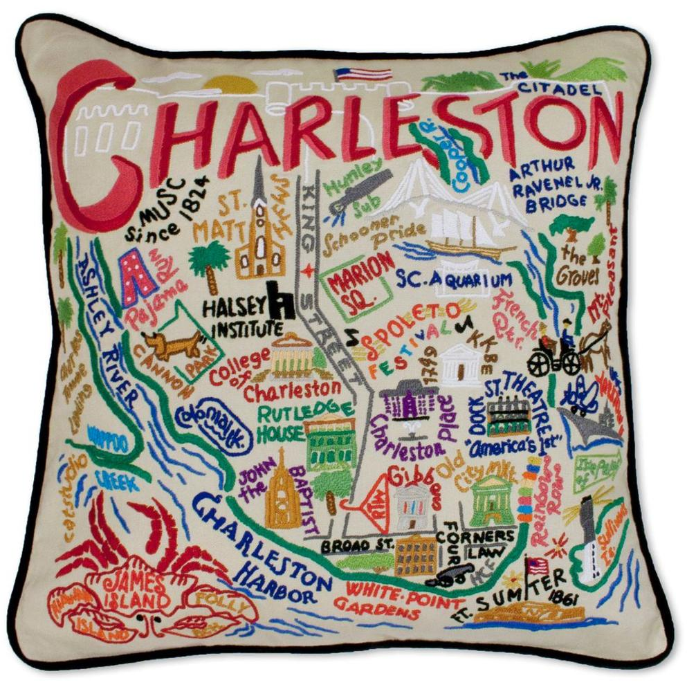 Hand-embroidered Geography Pillow - Zinnias Gift Boutique