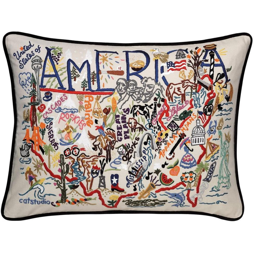 Hand-embroidered Geography Pillow