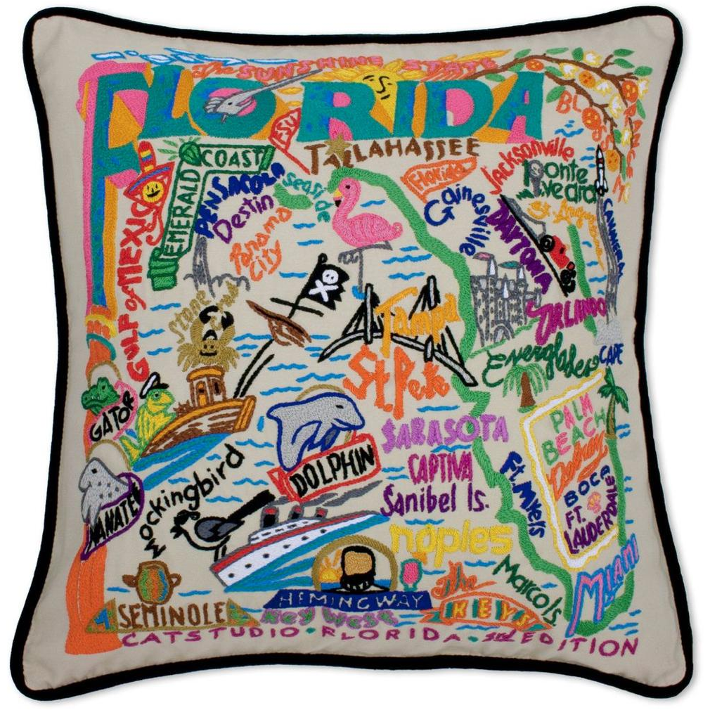 Hand-embroidered Geography Pillow - Zinnias Gift Boutique