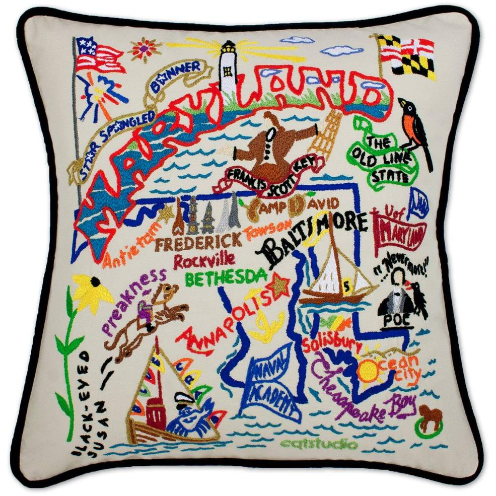 Hand-embroidered Geography Pillow - Zinnias Gift Boutique
