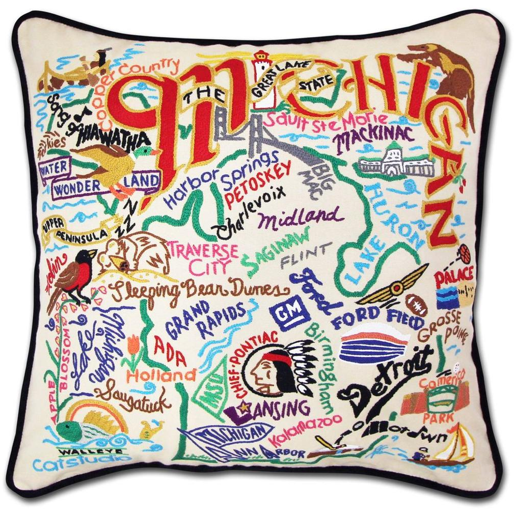Hand-embroidered Geography Pillow - Zinnias Gift Boutique