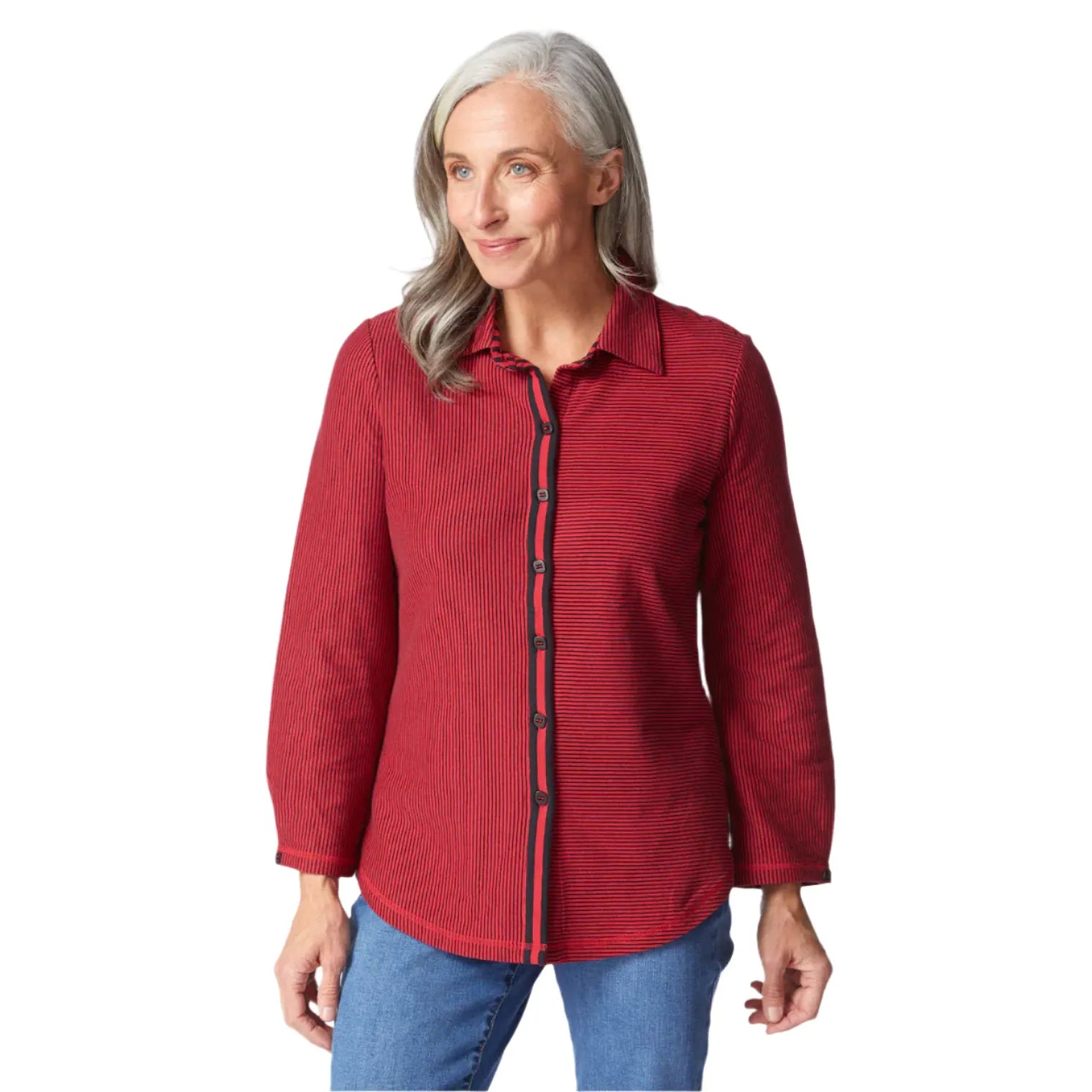 Double Face Striped Button Front Boyfriend Shirt - Ruby - Zinnias Gift Boutique