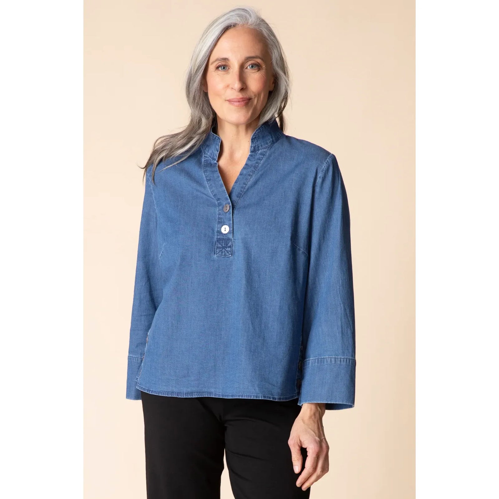 Denim Half Placket Pullover - Zinnias Gift Boutique