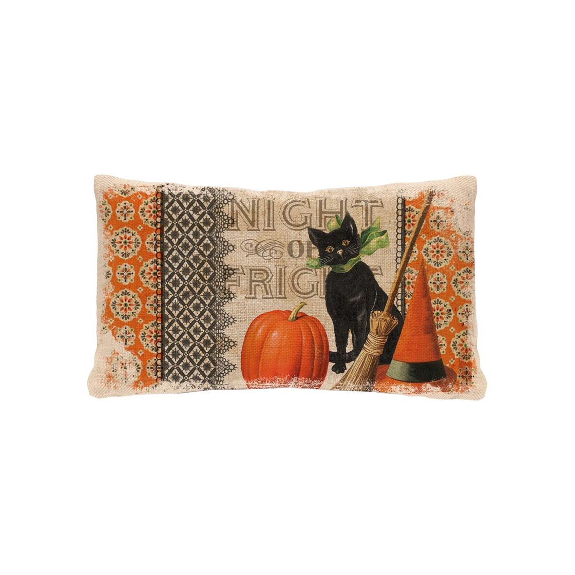 Victorian Halloween Pumpkin Black Cat 12x20 Pillow Natural - Zinnias Gift Boutique