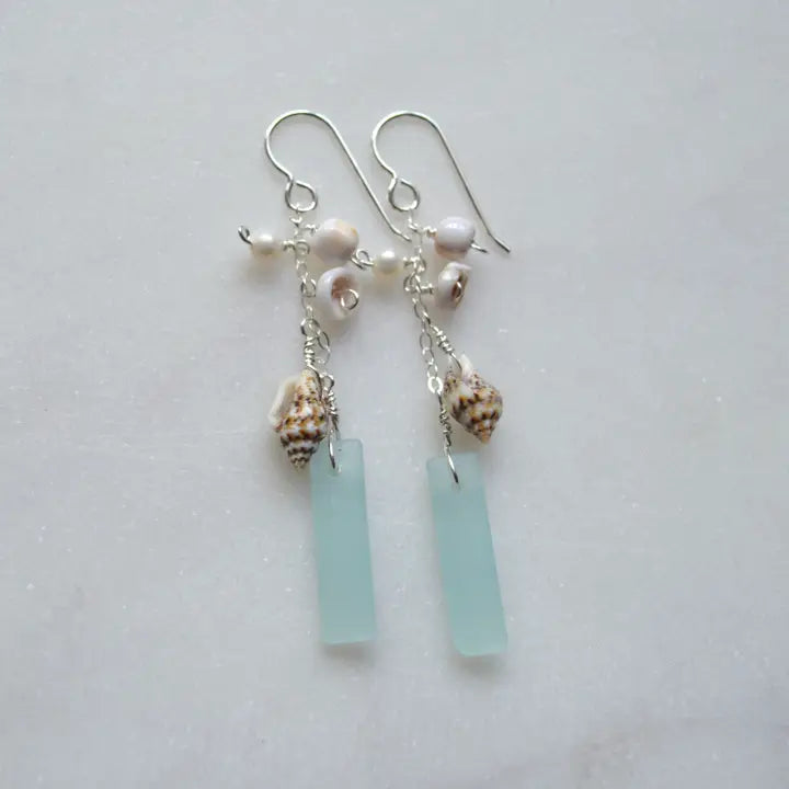 Dangling Frosted Glass & Shell Earrings - Sterling Silver - Zinnias Gift Boutique