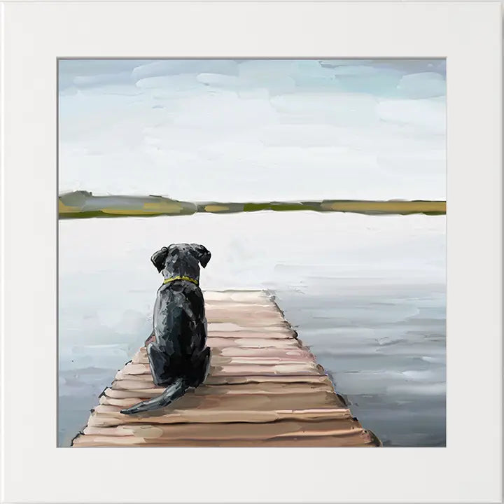 Colorful artwork titled "A Quiet Day At the Lake" by Cathy Walters Art, depicting a peaceful lakeside scene with trees and water.