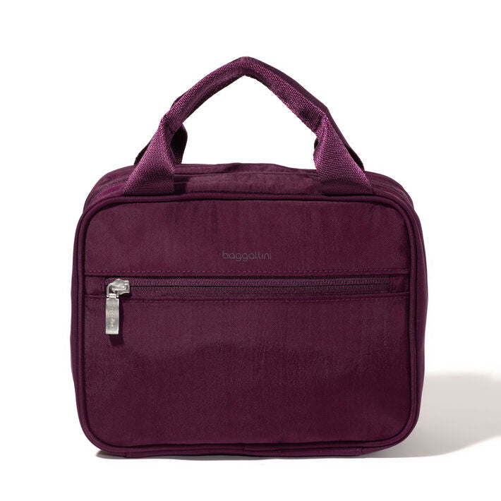 Baggallini hanging travel toiletry kit in mulberry color, compact bag with multiple compartments for toiletries and travel essentials.