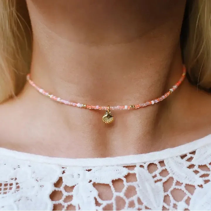 Sunkissed Peach Sea Shell Beaded Choker Necklace with natural beads and shell accents, bohemians closet jewelry style