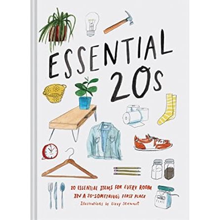 Cover of the adult book "Essential 20s" by Book Publisher, featuring 20 essential items for each room in a 20-something's first apartment.
