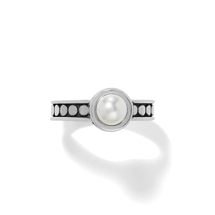 Brighton Pebble Dot Pearl Thin Band Ring featuring a delicate pearl accent on a sleek gold band.