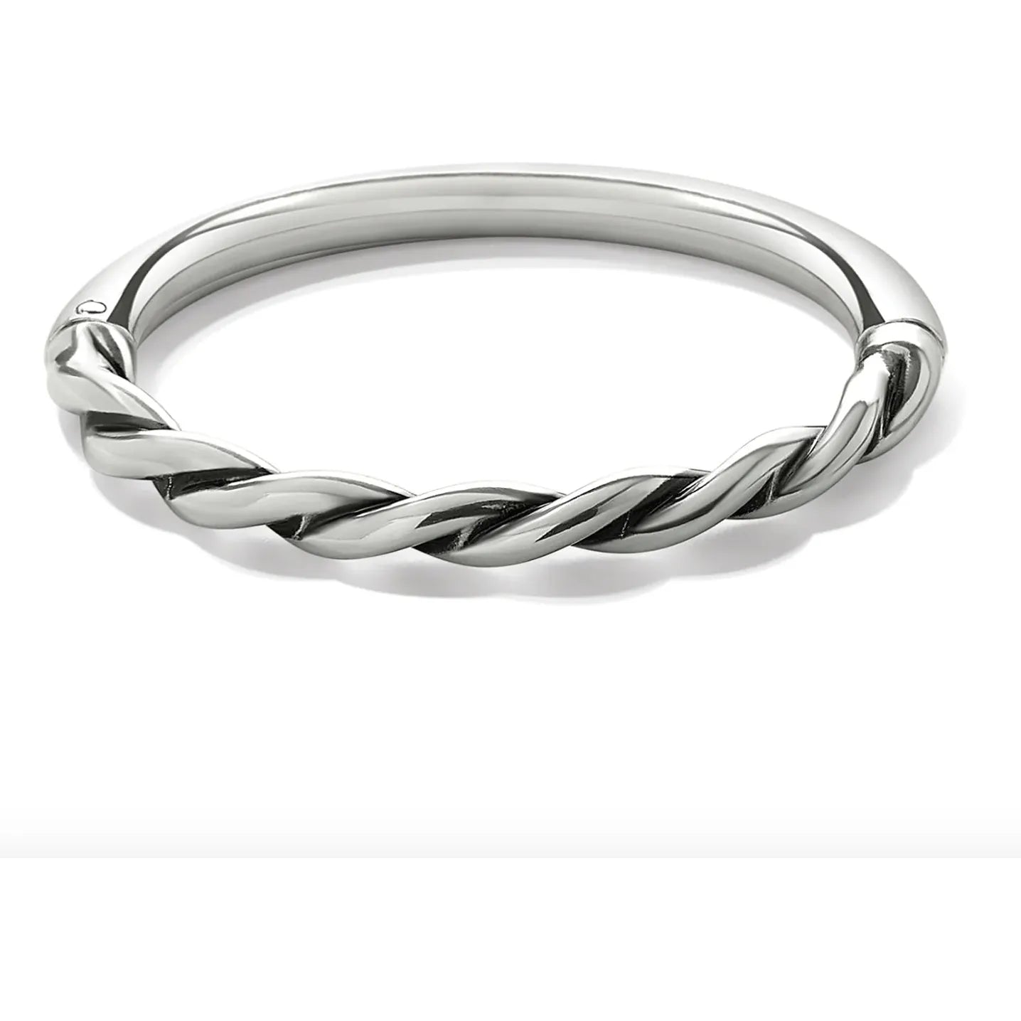 Brighton Interlok Twist Hinged Bangle featuring a sleek, twisted design and hinged closure, crafted in polished metal for elegant wear.
