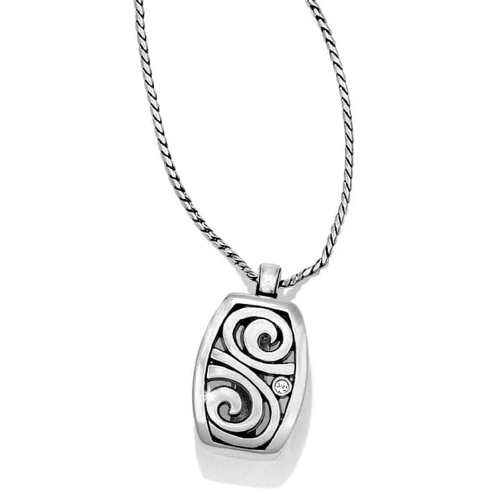 Brighton London Groove Badge Necklace featuring a silver-tone badge pendant on a sleek chain.