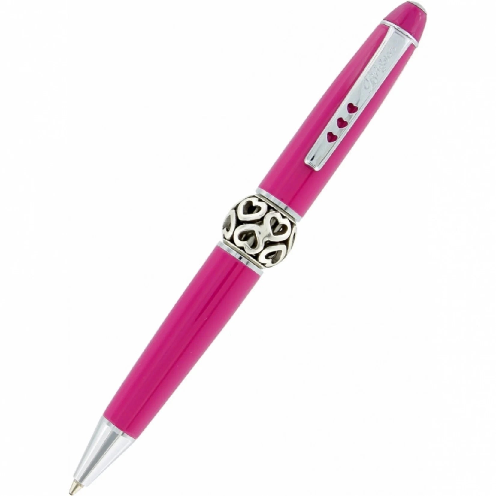 Brighton pink long charm pen with silver beads, featuring a decorative charm for stylish writing accessories.