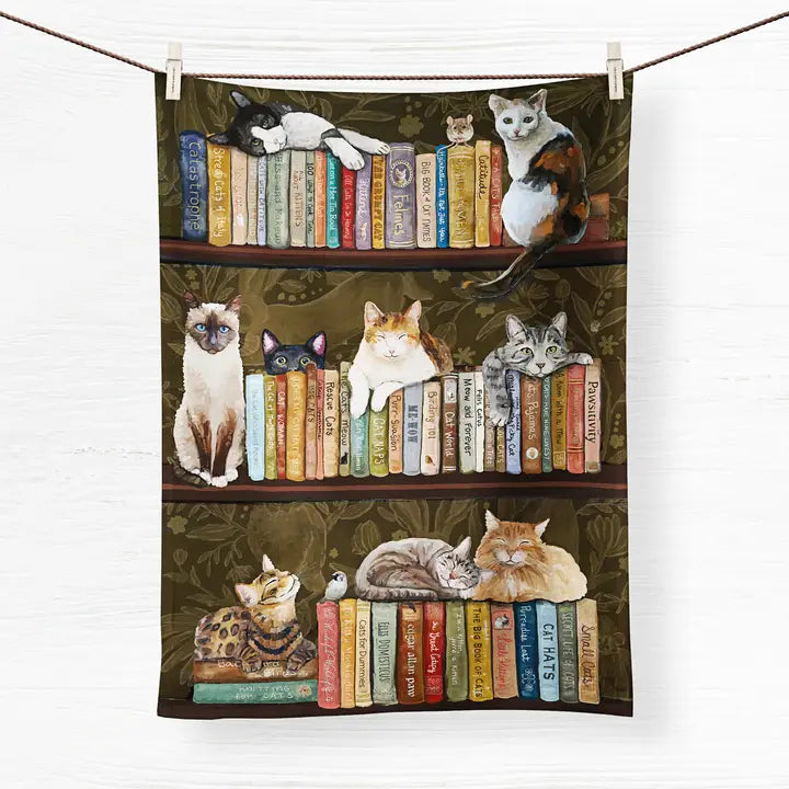 Cats On Books Tea Towel - Zinnias Gift Boutique