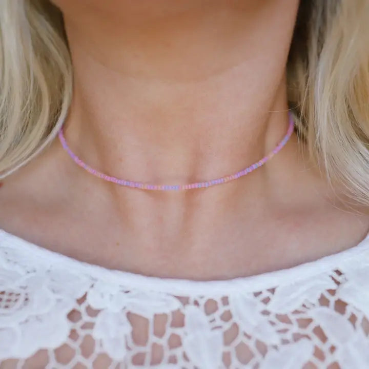 Sunset Opal Seed Beaded Choker Necklace by Bohemians Closet featuring vibrant seed beads and a stylish, bohemian jewelry design.