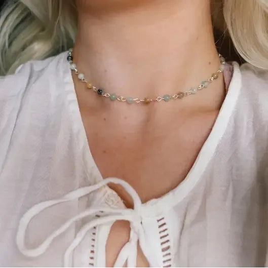 Amazonite beaded choker necklace from Bohemians Closet featuring turquoise-colored beads and a stylish, bohemian jewelry design.