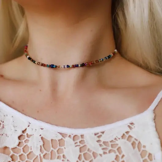 Boho Multi Beaded Choker necklace with colorful beads and intricate design, jewelry piece from Bohemians Closet