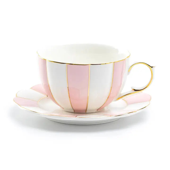Pink and White Scallop 7oz Fine Porcelain Tea Cup and Saucer - Zinnias Gift Boutique