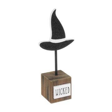 Wicked witch hat sign with black and orange colors, perfect for Halloween decor, by Collins Gifts.