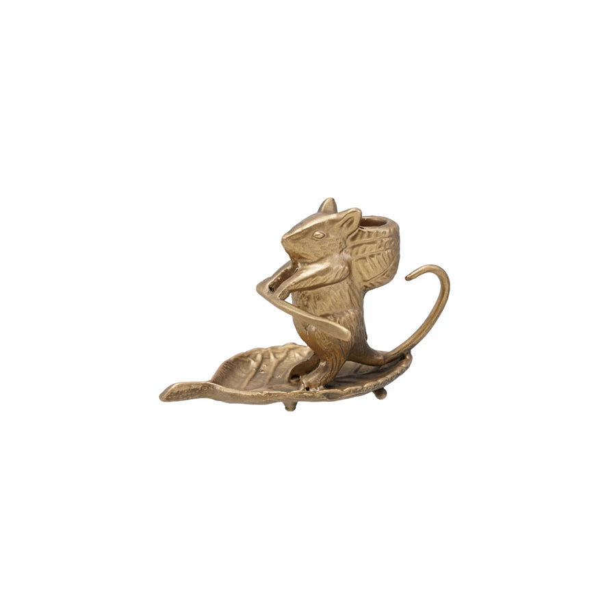 Cast Metal Taper Holder w/ Mouse on Leaf, Antique Gold Finish - Zinnias Gift Boutique