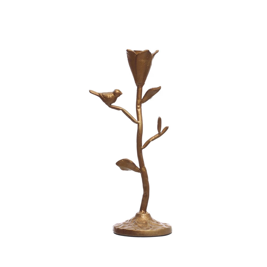 Flower Taper Holder w/ Flowers & Bird - Zinnias Gift Boutique
