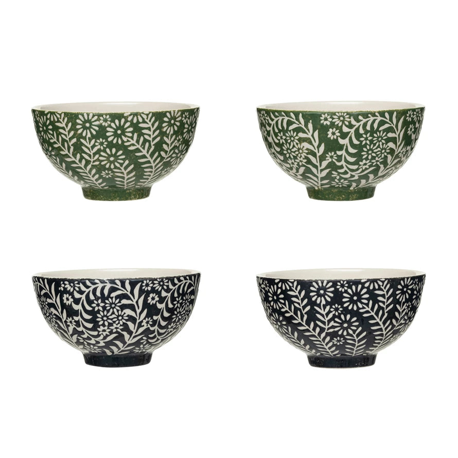 Stoneware Bowl w/ Wax Relief Botanicals - Zinnias Gift Boutique