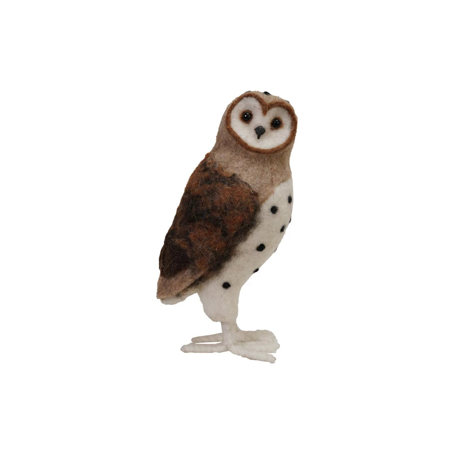Large handmade wool felt barn owl by Creative CoOp, featuring detailed craftsmanship and soft, textured wool in natural tones.