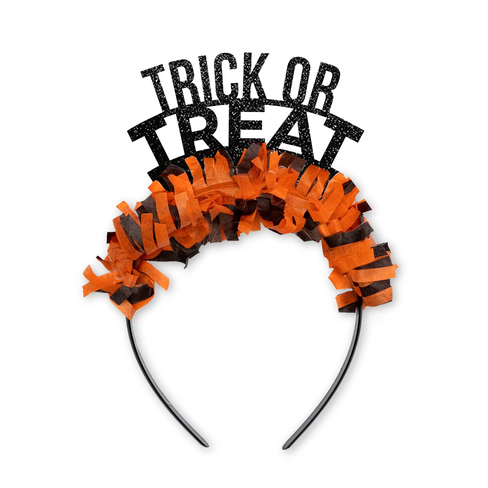 Trick or Treat Halloween Child Adult Party Crown Headband - Black Words/Halloween Fringe - Zinnias Gift Boutique
