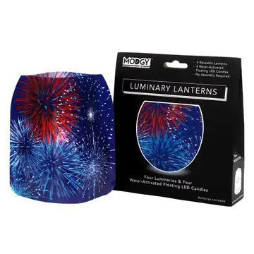 Modgy Luminaries Expandable outdoor lanterns in vibrant colors, showing their expandable design and lightweight material.