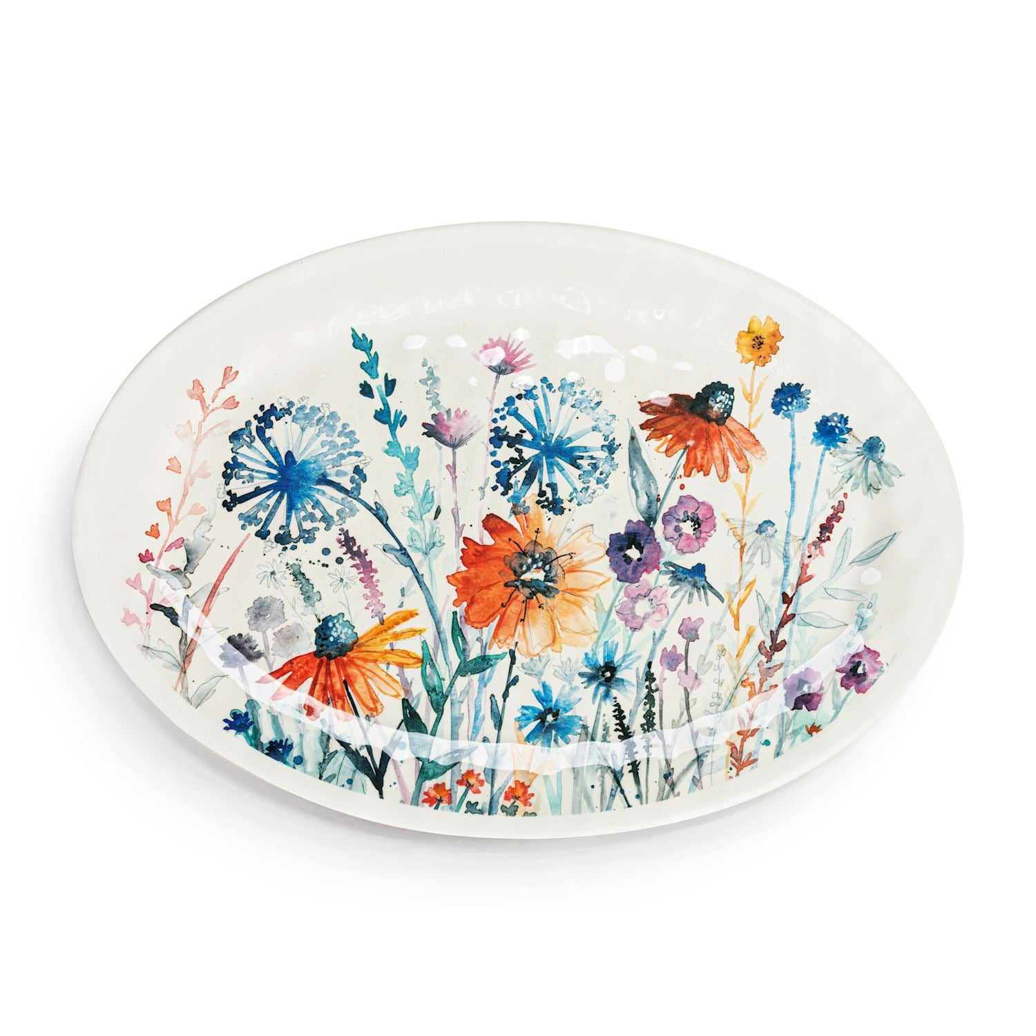 Demdaco Meadow Flowers large melamine oval platter, 20x14 inches with colorful floral design for serving and display.