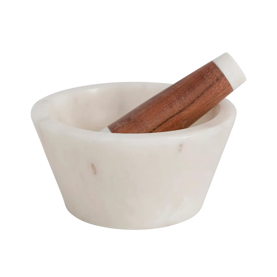 Marble and Acacia Wood Mortar and Pestle, Set of 2 - Zinnias Gift Boutique