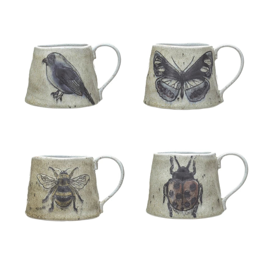 Stoneware Mug w/ Insect/Bird - Zinnias Gift Boutique