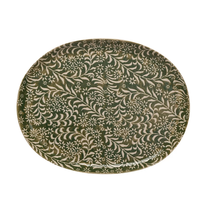 Stoneware Platter w/ Wax Relief Botanicals - Zinnias Gift Boutique