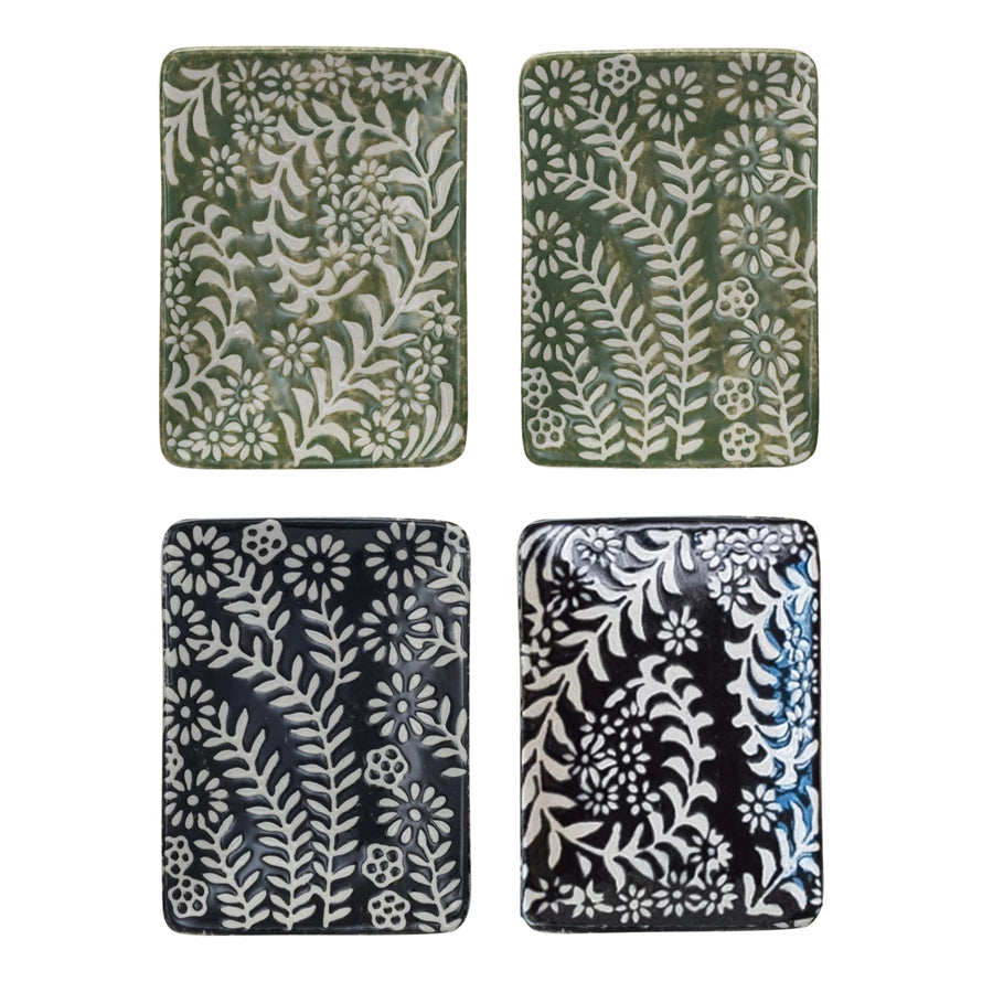 Stoneware Rectangle Dish w/ Wax Relief Botanicals - Zinnias Gift Boutique