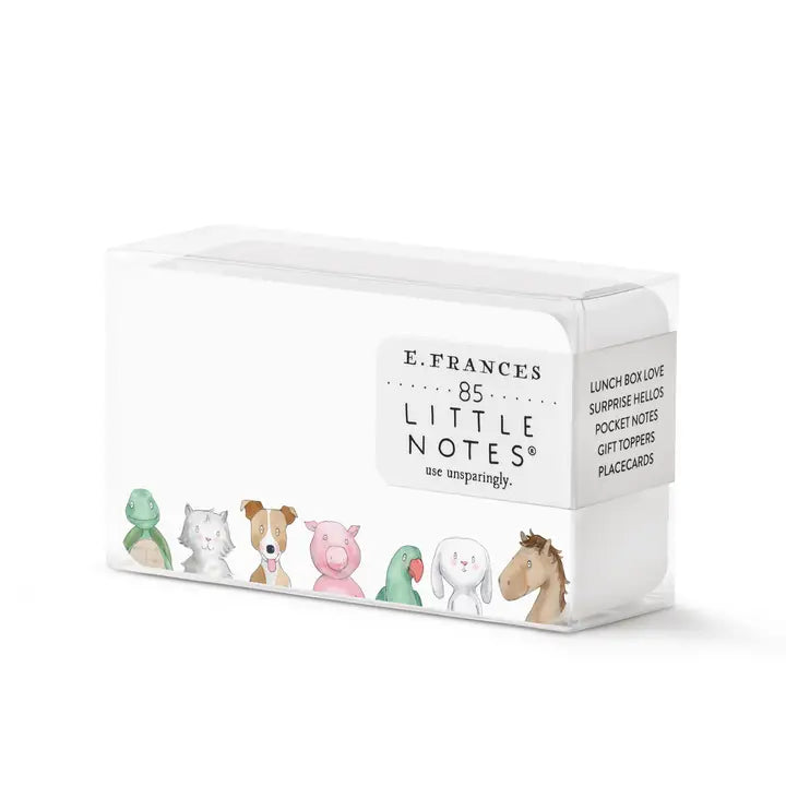 Assorted patterns of Little Notes paper by E Frances Paper, featuring colorful, decorative designs on small stationery sheets.