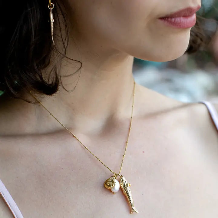 Pesce Pearl Necklace - 18K Gold Plated + Freshwater Pearl - Zinnias Gift Boutique