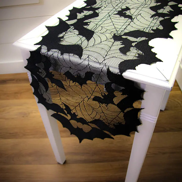 Halloween Bat Spider Web 14x48 Lace Table Runner Black