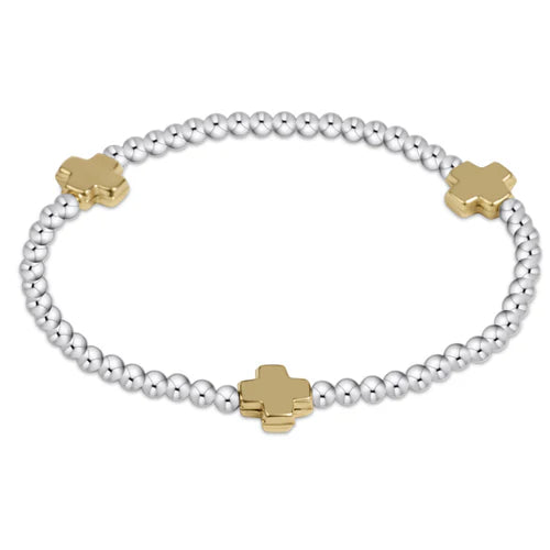 signature cross sterling mixed metal pattern 3mm bead bracelet- gold - Zinnias Gift Boutique