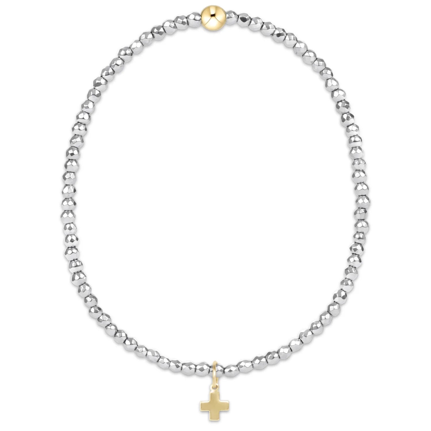 silver faceted hematite 2mm bead bracelet - signature cross gold charm - Zinnias Gift Boutique