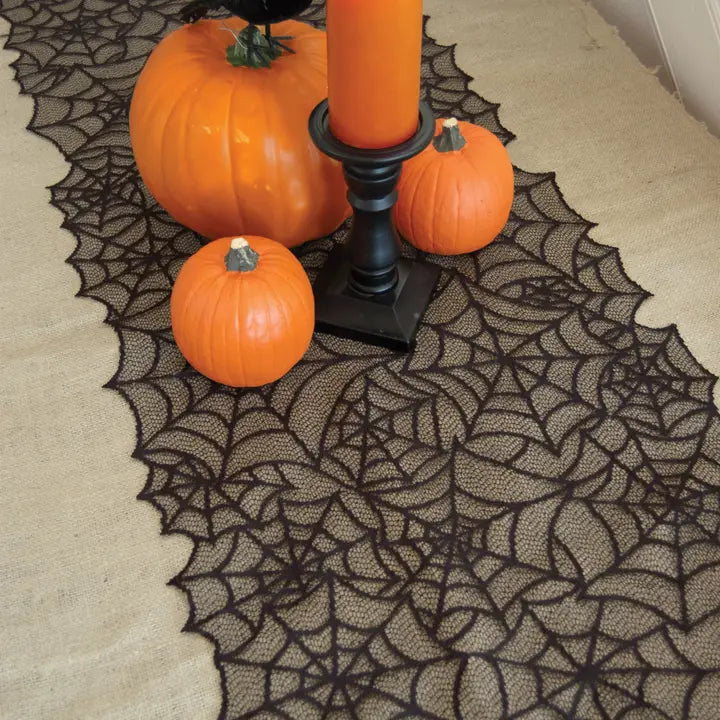 Halloween Spider Web 20x80 Mantle Table Runner Black