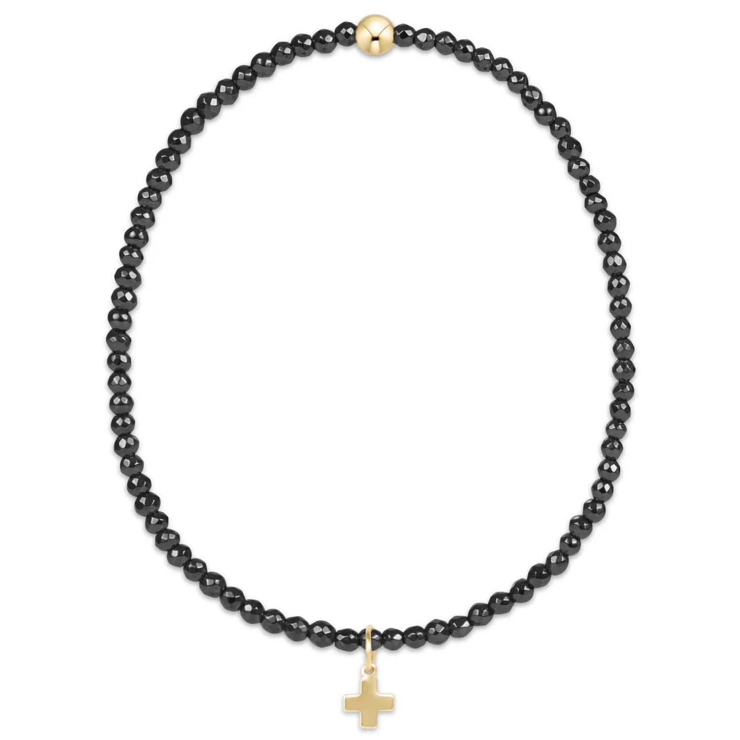 faceted hematite 2mm bead bracelet - signature cross gold charm - Zinnias Gift Boutique