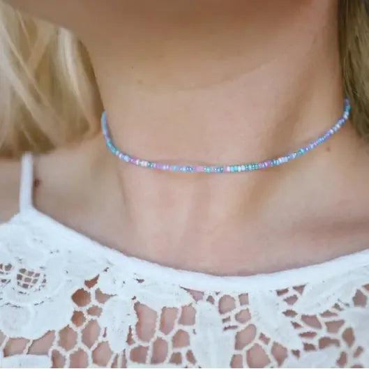 Bohemians Closet Waikiki Waves Seed Beaded Choker Necklace featuring colorful seed beads and a bohemian jewelry style.