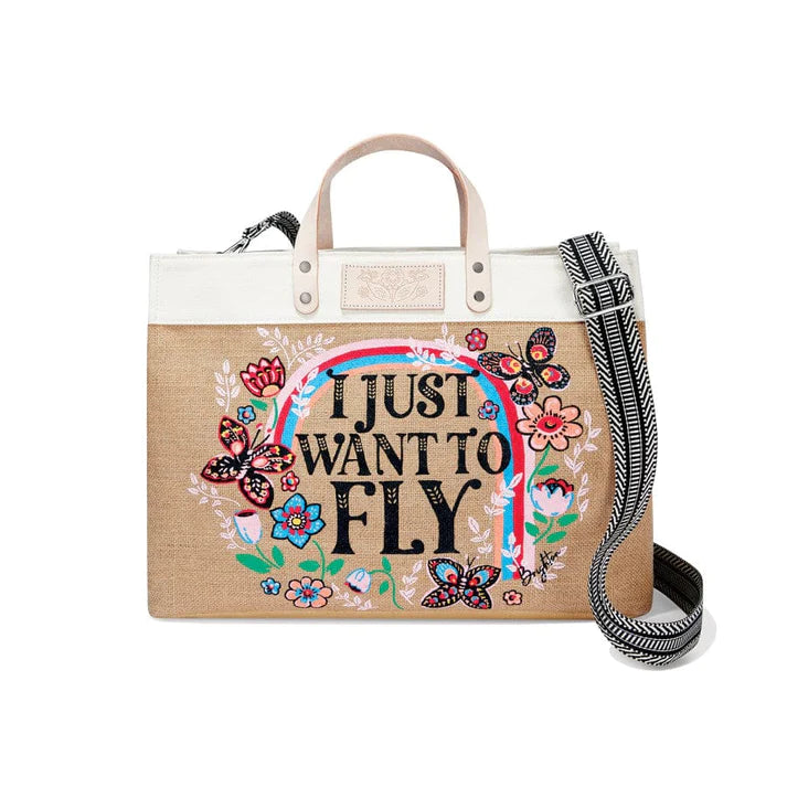 Fly Away East West Burlap Tote - Zinnias Gift Boutique