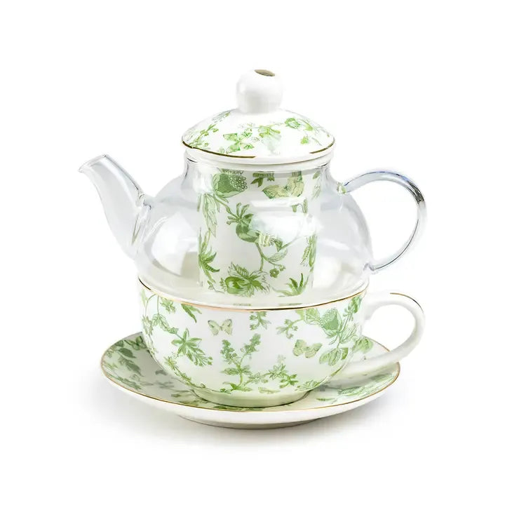 Greeny Garden Glass and Fine Porcelain Tea For One Set - Zinnias Gift Boutique