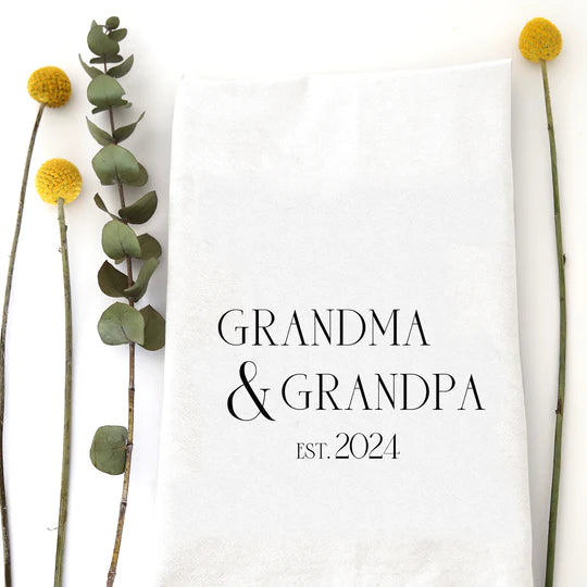 Grandma & Grandpa EST 2024 Tea Towel - Zinnias Gift Boutique