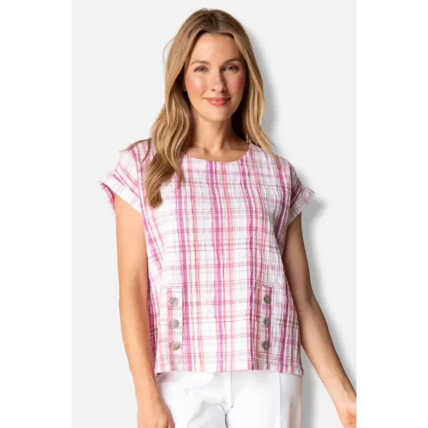 Blurred Plaid Button Pullover