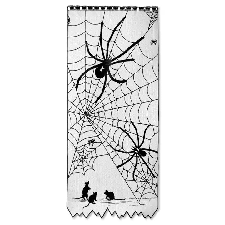 Black Halloween spider web lace curtain panel by Heritage Lace, 38x84 inches, with tangled web design for spooky decor.