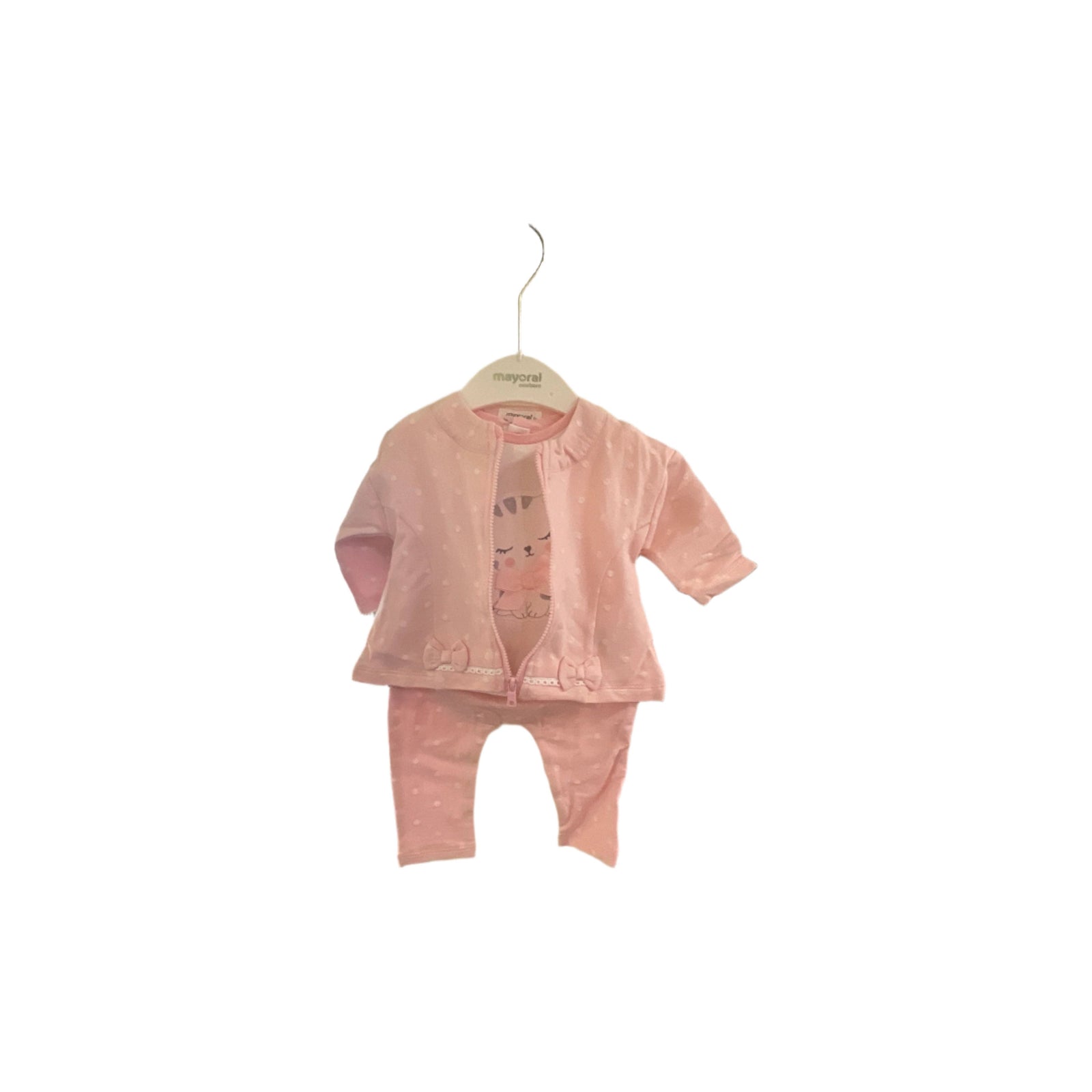 3 piece jogger set pink white dots with cat - Zinnias Gift Boutique