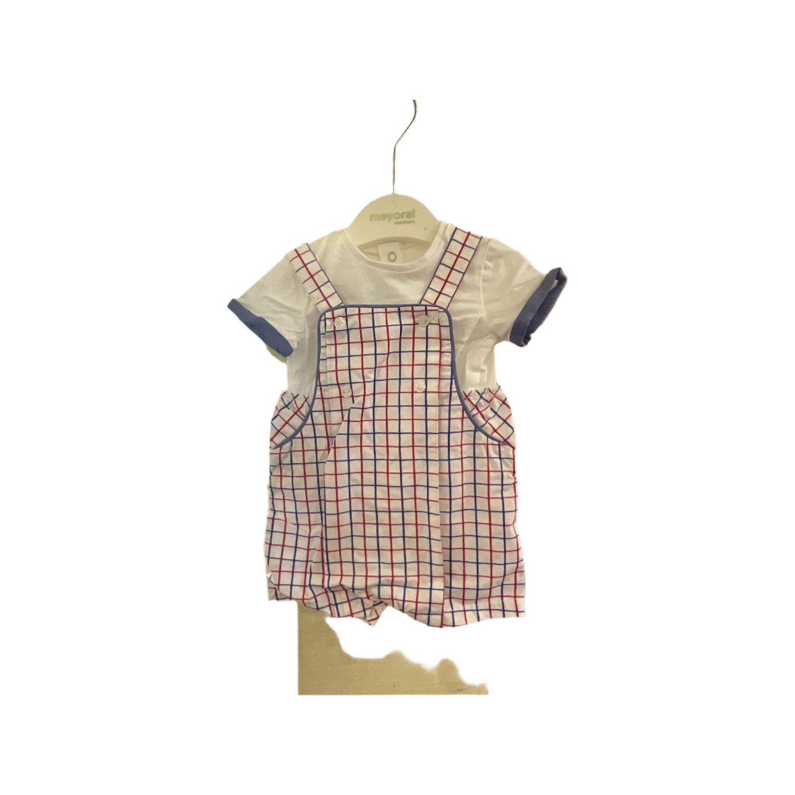 2 piece romper short sleeve blue red white crosshatched - Zinnias Gift Boutique